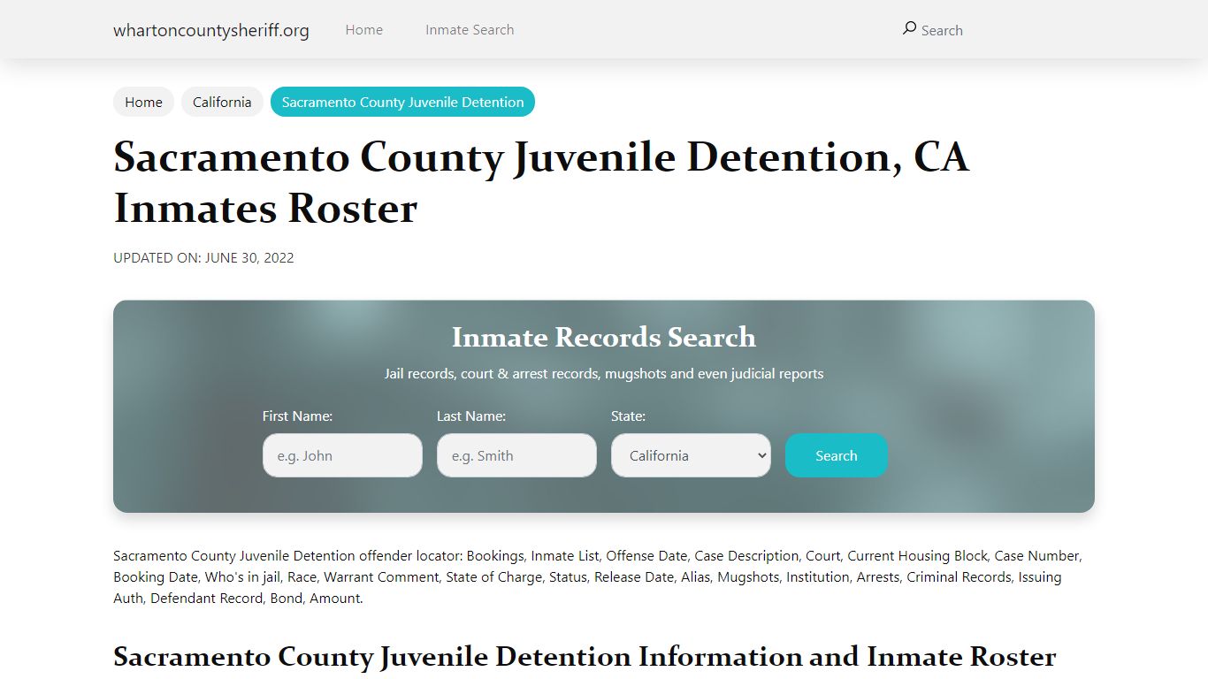 Sacramento County Juvenile Detention , CA Inmates Roster