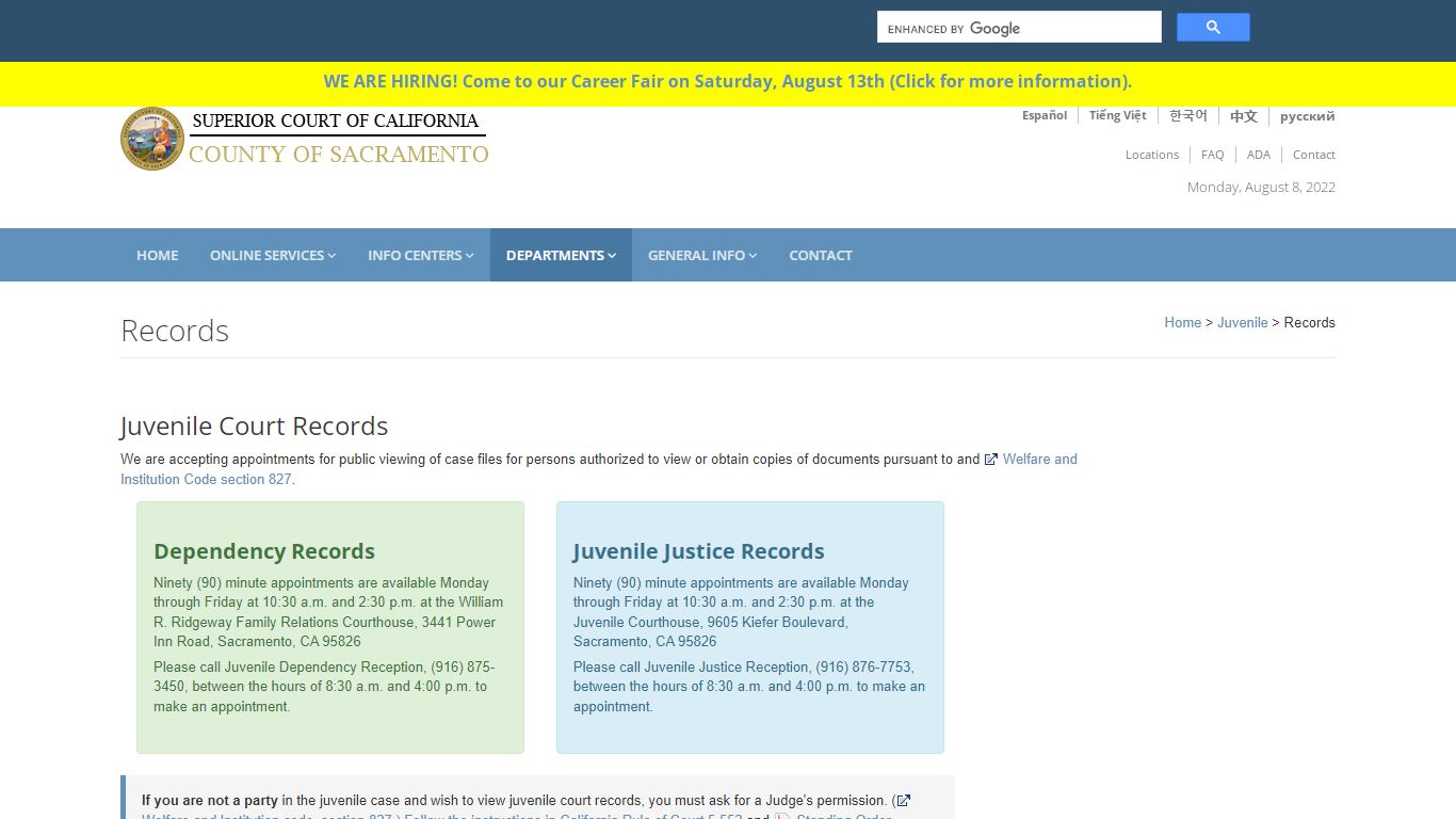 Juvenile Court Records: Sacramento Superior Court